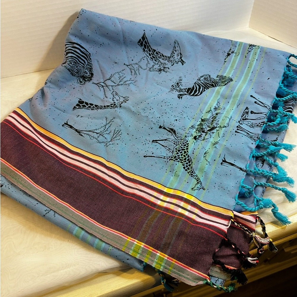 African Animal Print Scarf with Fringe, tablecloth, scarf, blue 70x40
